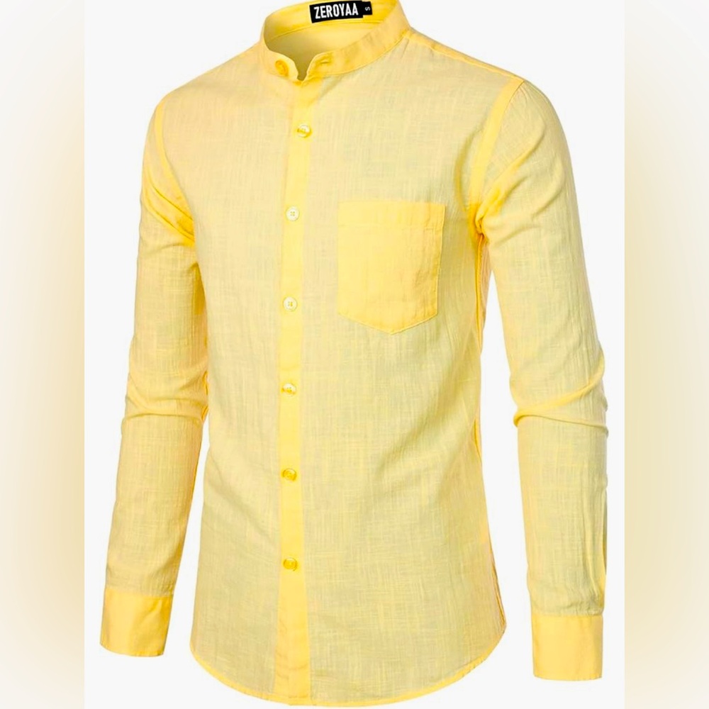 ZEROYAA Yellow Mandarin Collar Casual Button-Down Shirt